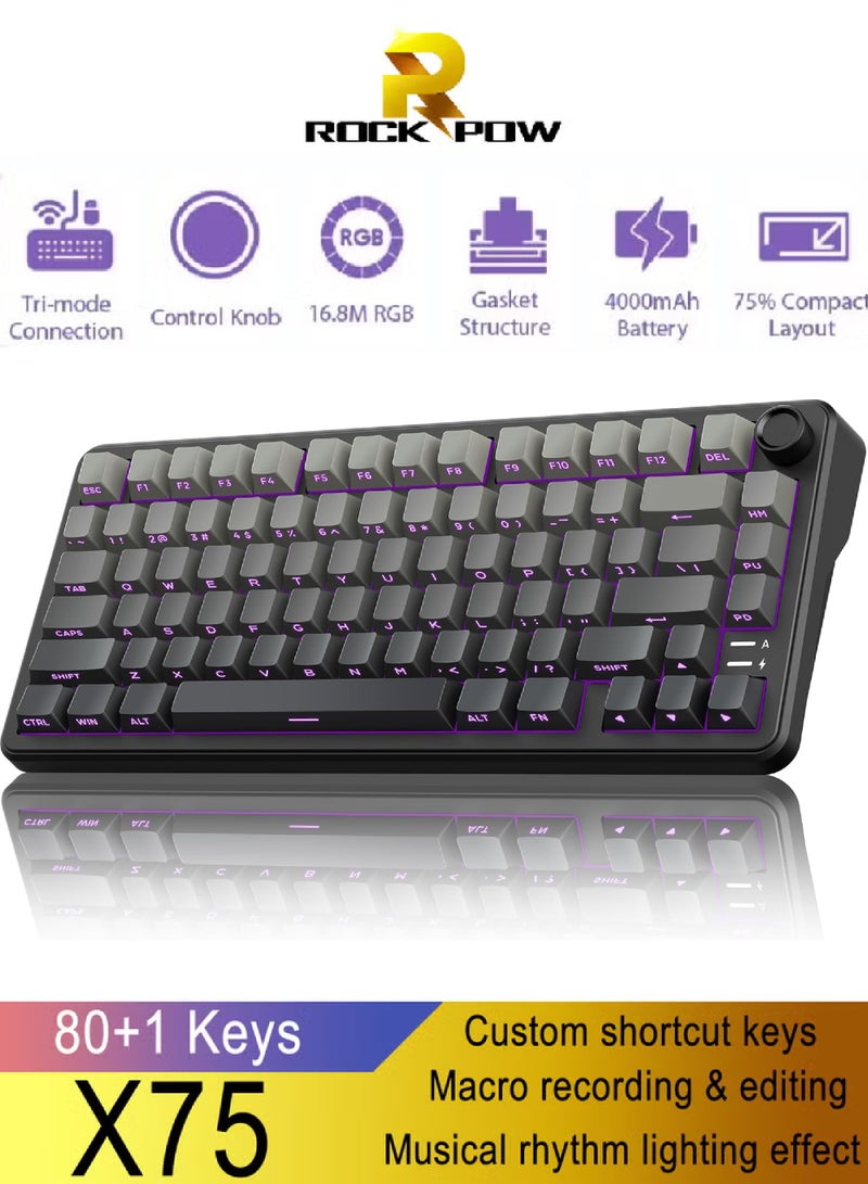 ROCK POW X75 Wireless Gasket RGB Backlit Gaming Keyboard,Tri-Mode BT5.0/2.4GHz/USB-C Hot-Swappable Mechanical Keyboard,Rapid Trigger 1KHz Polling Rate Wired mode Pre-lubed Linear Switches,Sound Absorbing 75% Compact Layout with Knob,Side Printed Keycaps with Adjustable Actuation - Image 1