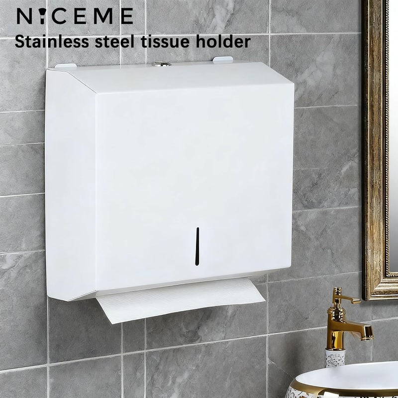 NICEME موزع مناديل ورقية من نايسمي، موزع مناديل من الفولاذ المقاوم للصدأ، قابل للقفل، موزع مناديل مطوية، موزع مناديل ورقية مطوية على شكل حرف Z، أبيض - Image 2