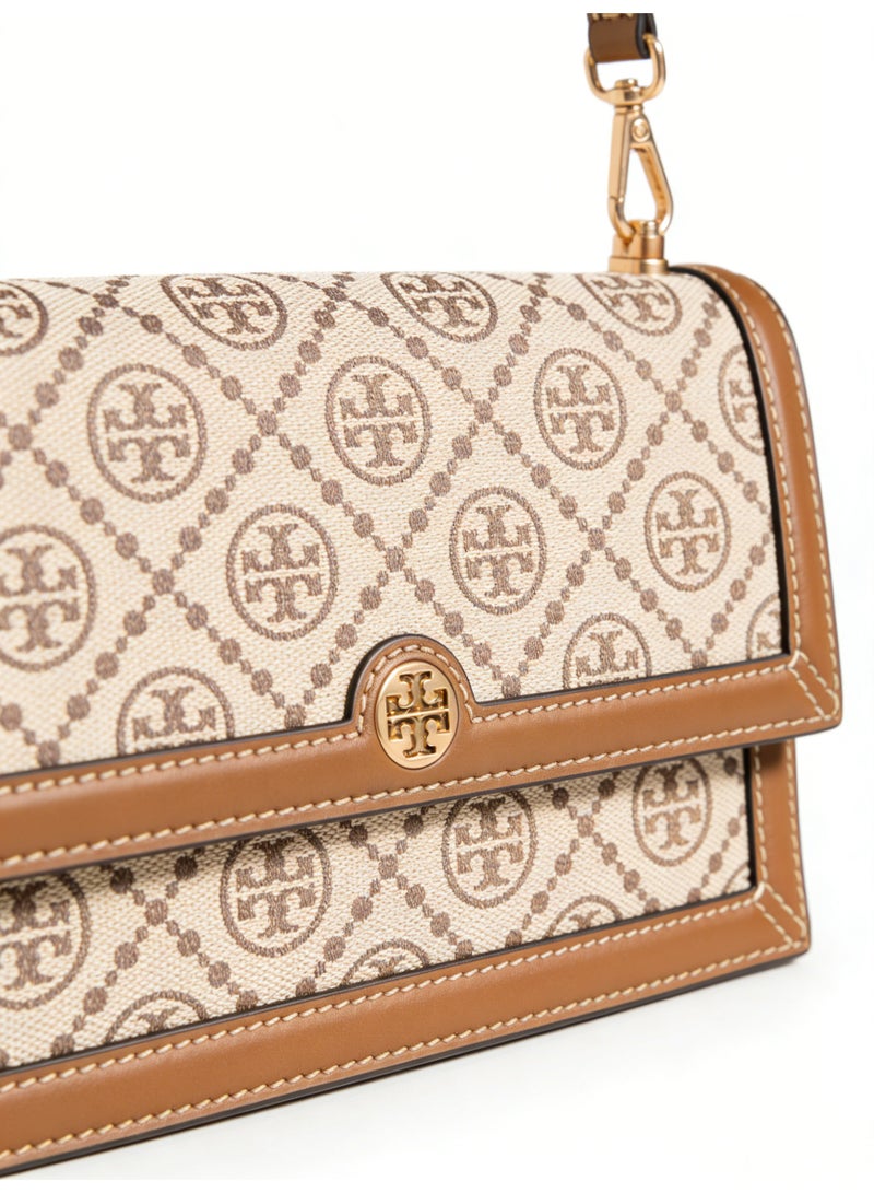 Burch Monogram canvas crossbody bag - Double T logo, beige and brown combination, adjustable shoulder straps, structured silhouette, luxurious casual bag for daily and dating - Image 5