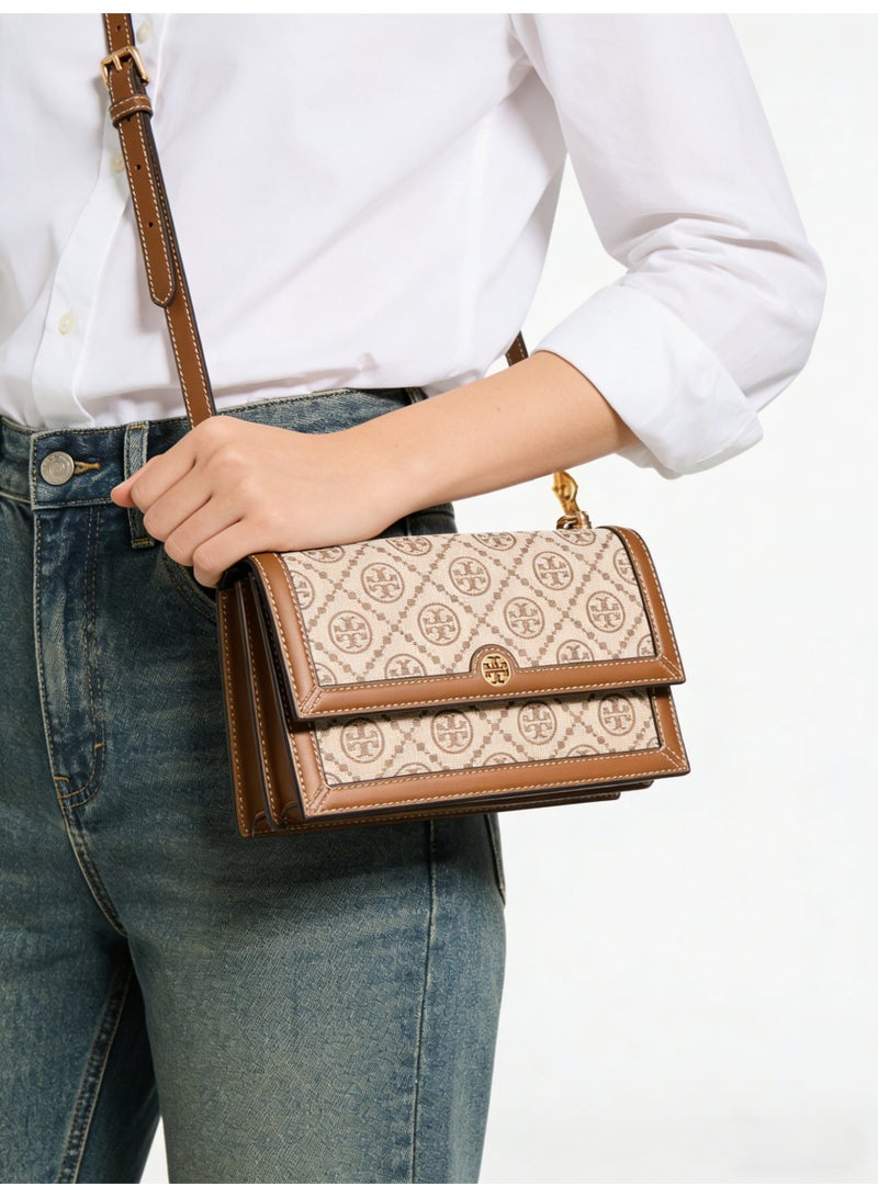 Burch Monogram canvas crossbody bag - Double T logo, beige and brown combination, adjustable shoulder straps, structured silhouette, luxurious casual bag for daily and dating - Image 2