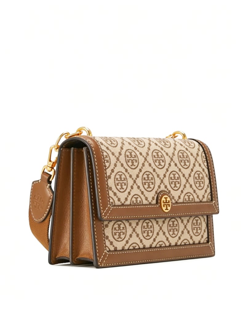 Burch Monogram canvas crossbody bag - Double T logo, beige and brown combination, adjustable shoulder straps, structured silhouette, luxurious casual bag for daily and dating - Image 3