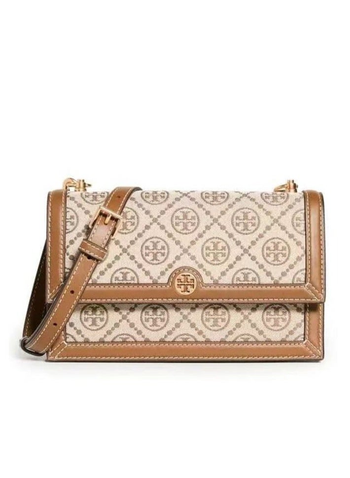 Burch Monogram canvas crossbody bag - Double T logo, beige and brown combination, adjustable shoulder straps, structured silhouette, luxurious casual bag for daily and dating - Image 1