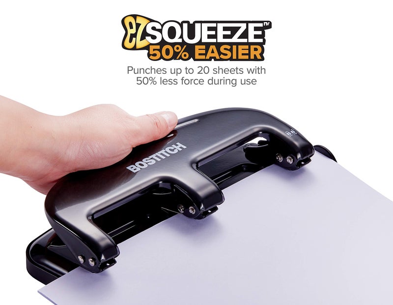 Bostitch Office EZ Squeeze 20 Sheet Standard 3 Hole Punch, Metal Construction, Silver/Black (HP20) - Image 2