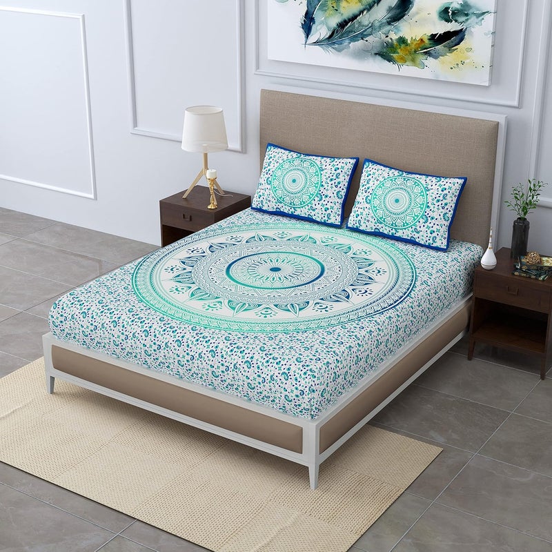 SheetKart 100 Cotton Bedsheet for Double Bed King Size with 2 Pillow CoversOmbre Mandala Jaipuri Printed Bed SheetTurquoise Treat144 TC - Image 3