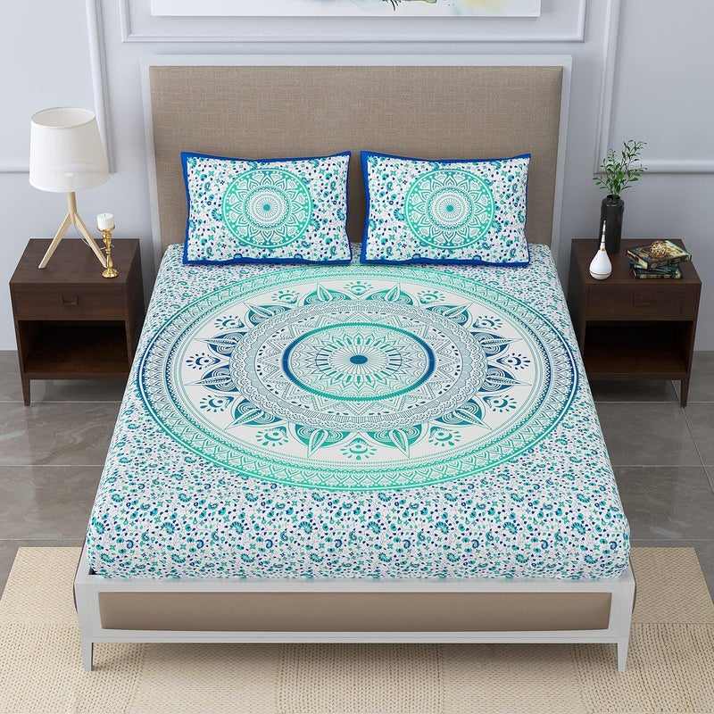 SheetKart 100 Cotton Bedsheet for Double Bed King Size with 2 Pillow CoversOmbre Mandala Jaipuri Printed Bed SheetTurquoise Treat144 TC - Image 4