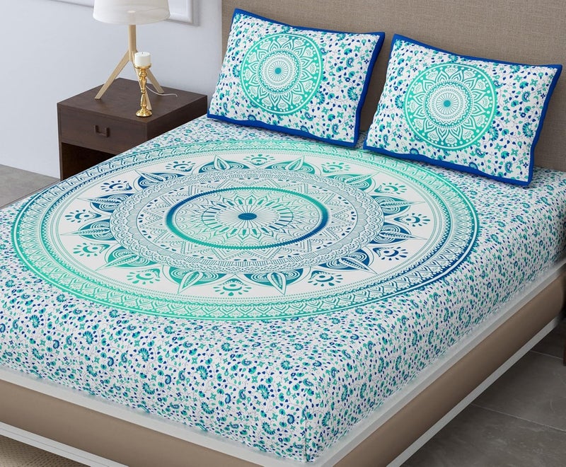 SheetKart 100 Cotton Bedsheet for Double Bed King Size with 2 Pillow CoversOmbre Mandala Jaipuri Printed Bed SheetTurquoise Treat144 TC - Image 1