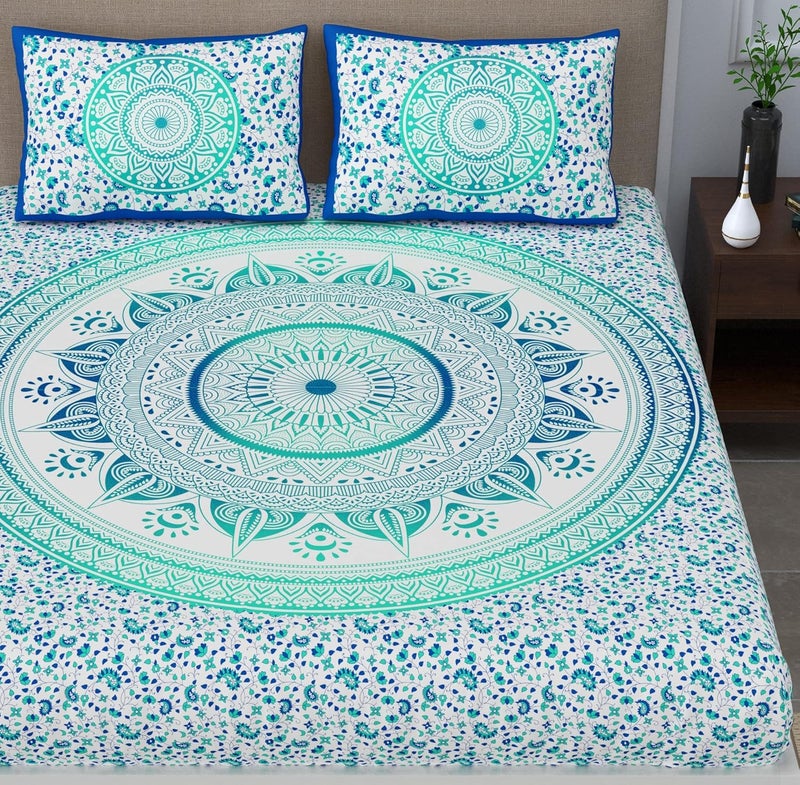SheetKart 100 Cotton Bedsheet for Double Bed King Size with 2 Pillow CoversOmbre Mandala Jaipuri Printed Bed SheetTurquoise Treat144 TC - Image 2