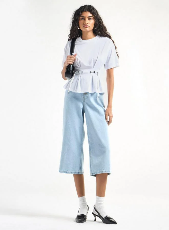 Splash FAV Solid Pleated Top with Short Sleeves and Crew Neck