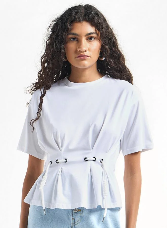 Splash FAV Solid Pleated Top with Short Sleeves and Crew Neck