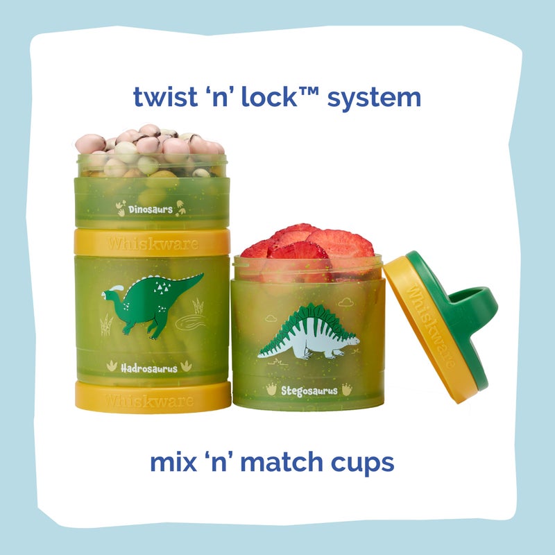 Whiskware Dinosaur Stackable Snack Containers for Kids and Toddlers, 3 Stackable Snack Cups for School and Travel, Green/Orange - Image 2