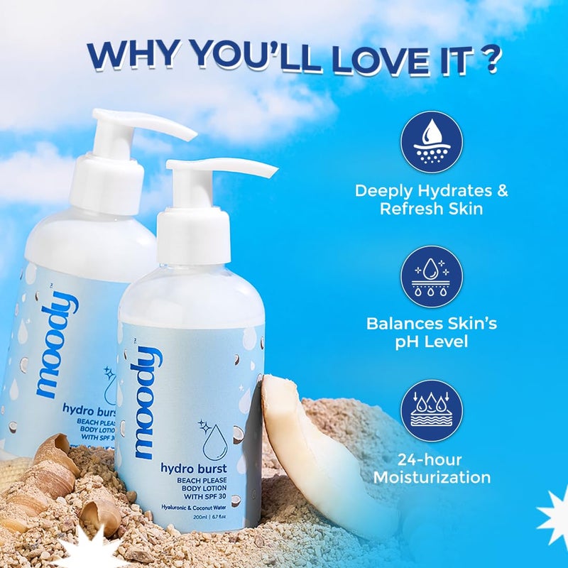 Moody Hydro Burst Beach Please Body Sunscreen Lotion SPF 30 with Ceramide  Broad Spectrum Sun Protection Lotion  Non Greasy  No White Cast  QuickAbsorbing  Suitable For All Skin Types 200ml - Image 2
