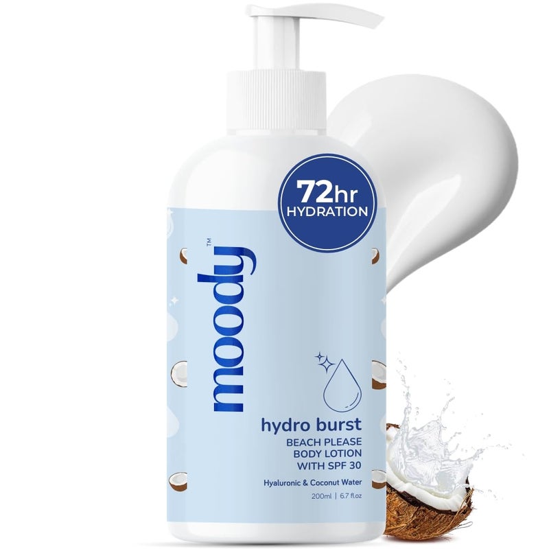 Moody Hydro Burst Beach Please Body Sunscreen Lotion SPF 30 with Ceramide  Broad Spectrum Sun Protection Lotion  Non Greasy  No White Cast  QuickAbsorbing  Suitable For All Skin Types 200ml - Image 1