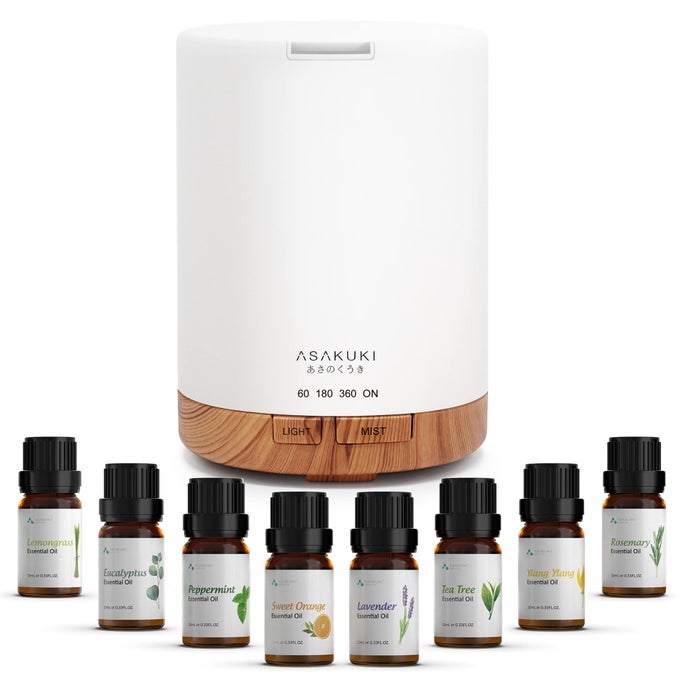ESSENTIAL OIL DIFFUSER AROMATHERAPY COOL MIST HOME HUMIDIFIER WITH 7 LED COLOR CHANGING LIGHT AND AUTOOFF SAFETY SWITCH 8 ESSENTIAL OILS SET 300ML BROWN WITH OILS