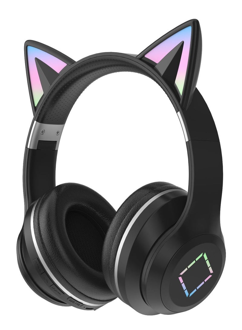 caijin Kids Bluetooth Headphones, Cat Ear LED Lights Kids Wireless Headphones with Mic, Foldable, Adjustable Headband, Bluetooth 5.1 and Stereo Over-ear Kids Headphones for School/Tablets (black) - Image 1
