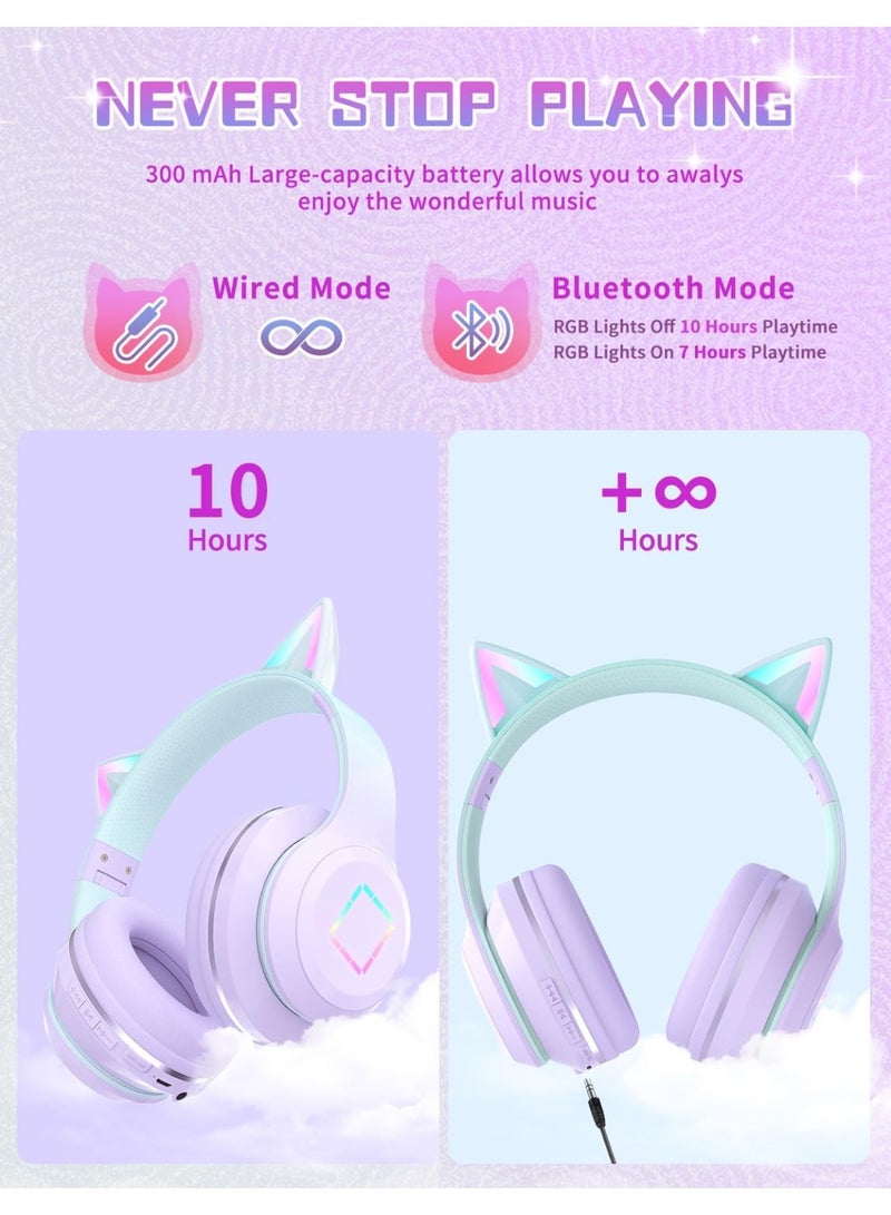 caijin Kids Bluetooth Headphones, Cat Ear LED Lights Kids Wireless Headphones with Mic, Foldable, Adjustable Headband, Bluetooth 5.1 and Stereo Over-ear Kids Headphones for School/Tablets (black) - Image 4