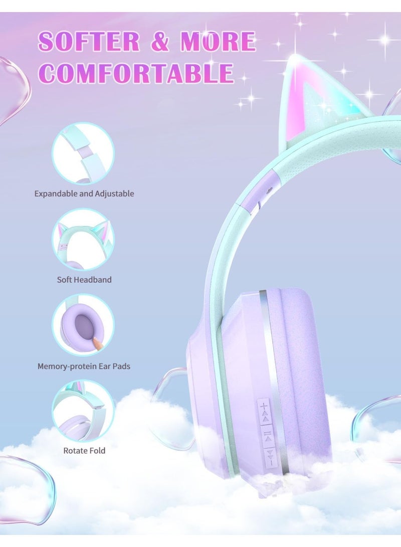 caijin Kids Bluetooth Headphones, Cat Ear LED Lights Kids Wireless Headphones with Mic, Foldable, Adjustable Headband, Bluetooth 5.1 and Stereo Over-ear Kids Headphones for School/Tablets (black) - Image 3