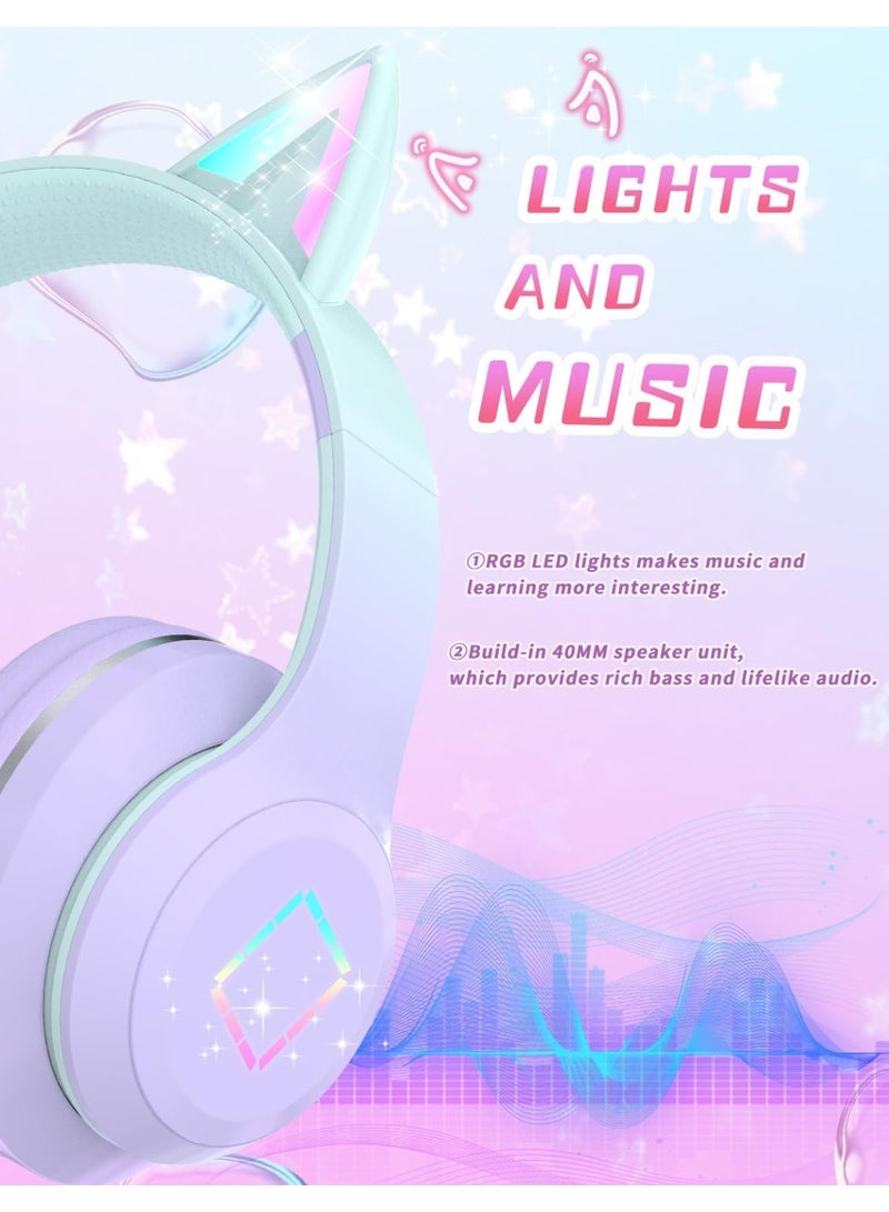 caijin Kids Bluetooth Headphones, Cat Ear LED Lights Kids Wireless Headphones with Mic, Foldable, Adjustable Headband, Bluetooth 5.1 and Stereo Over-ear Kids Headphones for School/Tablets (black) - Image 2