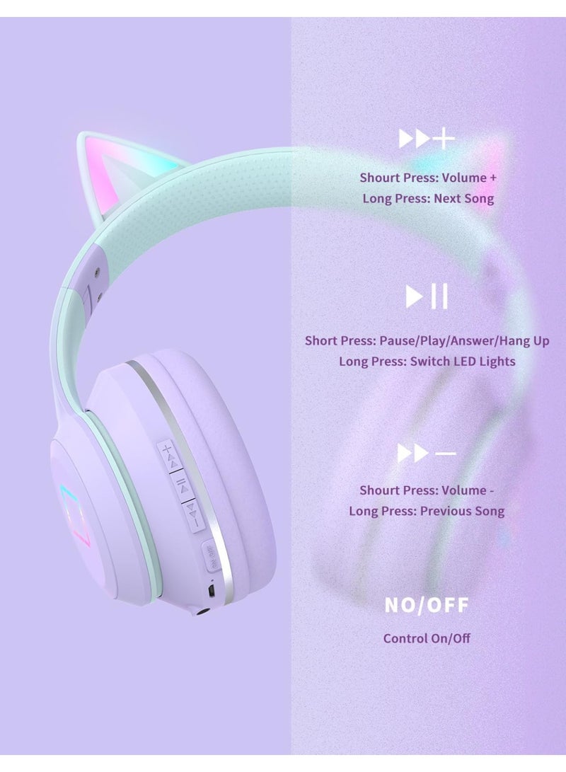 caijin Kids Bluetooth Headphones, Cat Ear LED Lights Kids Wireless Headphones with Mic, Foldable, Adjustable Headband, Bluetooth 5.1 and Stereo Over-ear Kids Headphones for School/Tablets (black) - Image 5