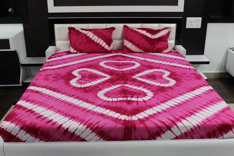 Color Nirvana Color Nirvana 120 TC 100 Cotton Hearts Design Tie Dye Double Bedsheet with 2 Pillow Covers Pink  - Image 1