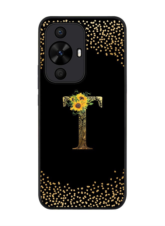 Stylizedd Rugged Black edge case for Huawei nova 12s / Huawei nova 11/ Huawei nova 12 Lite 4G,Custom Monogram Initial Letter Floral Pattern Alphabet - T (Black) - Image 1