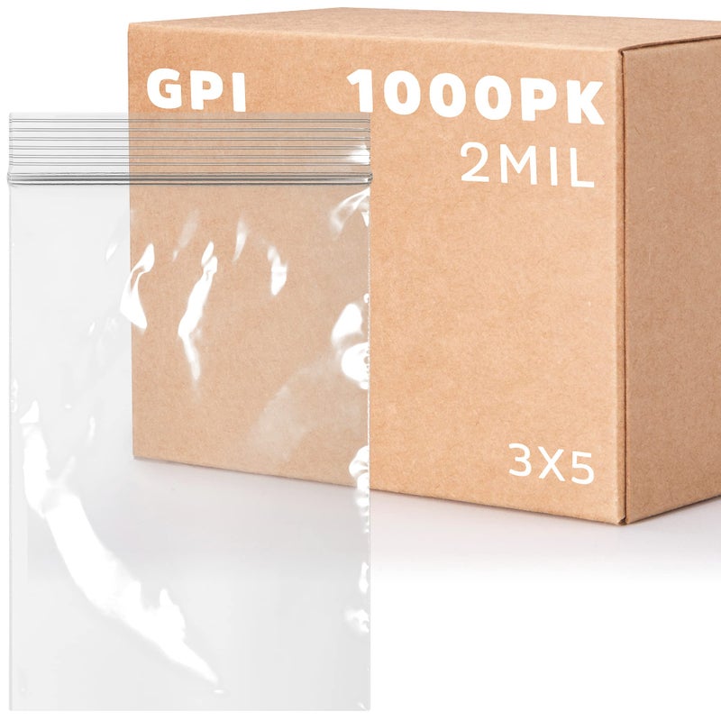 3" x 5" Zip Bags - 1000 Count, Small, Clear Plastic Reclosable Zipper Poly Baggies, 2 Mil, with Resealable Zip Top Lock for Packaging Jewelry, Coins, Pills, Candy, Beads, Seeds & More.