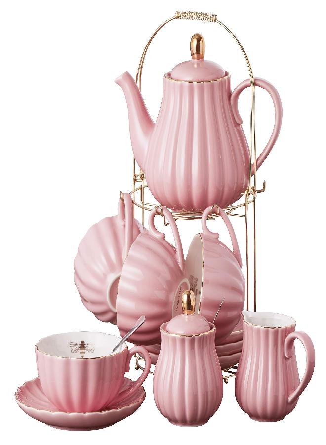 Jusalpha Jusalpha Fine China Pink Coffee Cup/Teacup Set, 7 OZ Cups& Saucer Service for 4, with Teapot-Sugar Bowl-Cream Pitcher Teaspoons and tea strainer for Tea/Coffee, 17-Pieces (TW Full set) - Image 1