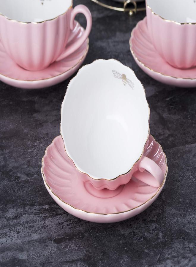 Jusalpha Jusalpha Fine China Pink Coffee Cup/Teacup Set, 7 OZ Cups& Saucer Service for 4, with Teapot-Sugar Bowl-Cream Pitcher Teaspoons and tea strainer for Tea/Coffee, 17-Pieces (TW Full set) - Image 2