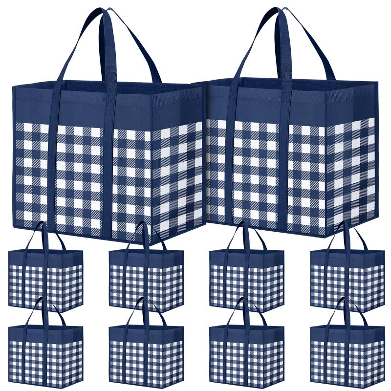 WOWBOX WOWBOX Reusable Grocery Bags 10-Pack  Foldable Reusable Shopping Tote Bags bulk with Reinforced Handles Large Storage Bags with Water Resistant Coating for Groceries Multipurpose Blue-White - Image 1
