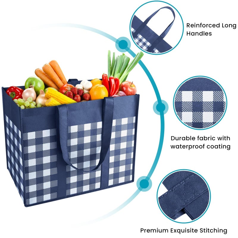 WOWBOX WOWBOX Reusable Grocery Bags 10-Pack  Foldable Reusable Shopping Tote Bags bulk with Reinforced Handles Large Storage Bags with Water Resistant Coating for Groceries Multipurpose Blue-White - Image 3
