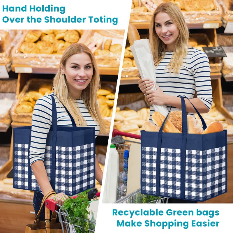 WOWBOX WOWBOX Reusable Grocery Bags 10-Pack  Foldable Reusable Shopping Tote Bags bulk with Reinforced Handles Large Storage Bags with Water Resistant Coating for Groceries Multipurpose Blue-White - Image 5