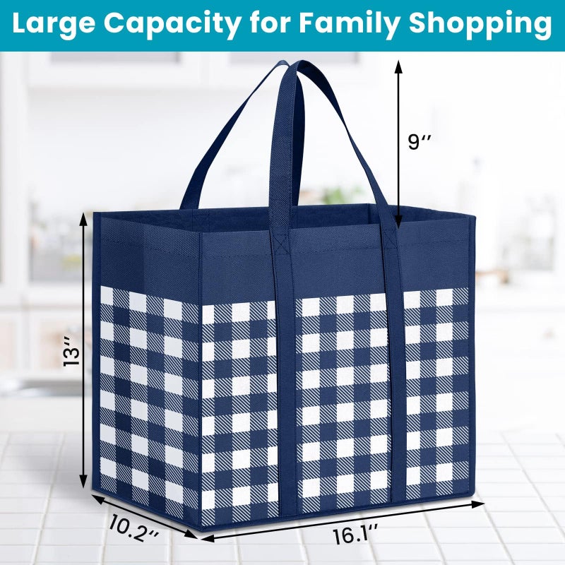 WOWBOX WOWBOX Reusable Grocery Bags 10-Pack  Foldable Reusable Shopping Tote Bags bulk with Reinforced Handles Large Storage Bags with Water Resistant Coating for Groceries Multipurpose Blue-White - Image 2