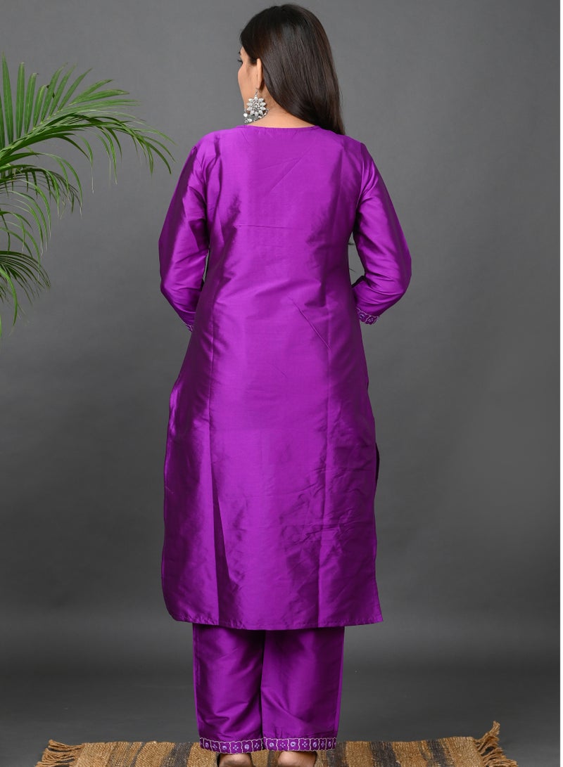 Riara Riara Embroidery Women Kurta Set With Dupatta Purple Round Neck M  - Image 5