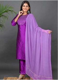 Riara Riara Embroidery Women Kurta Set With Dupatta Purple Round Neck M  - Image 1