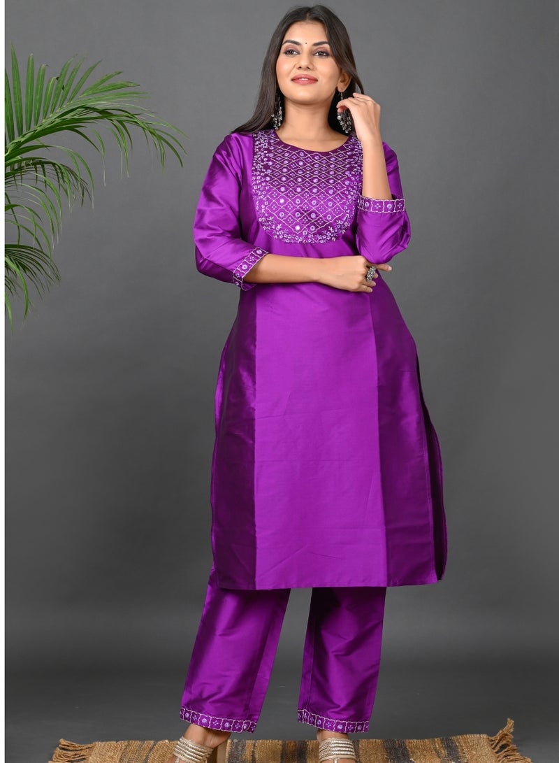 Riara Riara Embroidery Women Kurta Set With Dupatta Purple Round Neck M  - Image 4