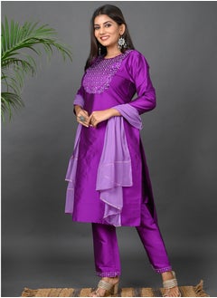 Riara Riara Embroidery Women Kurta Set With Dupatta Purple Round Neck M  - Image 2