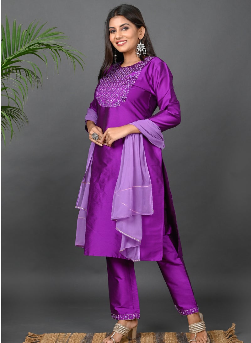 Riara Riara Embroidery Women Kurta Set With Dupatta Purple Round Neck M  - Image 2