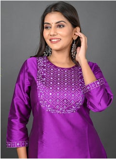 Riara Riara Embroidery Women Kurta Set With Dupatta Purple Round Neck M  - Image 3