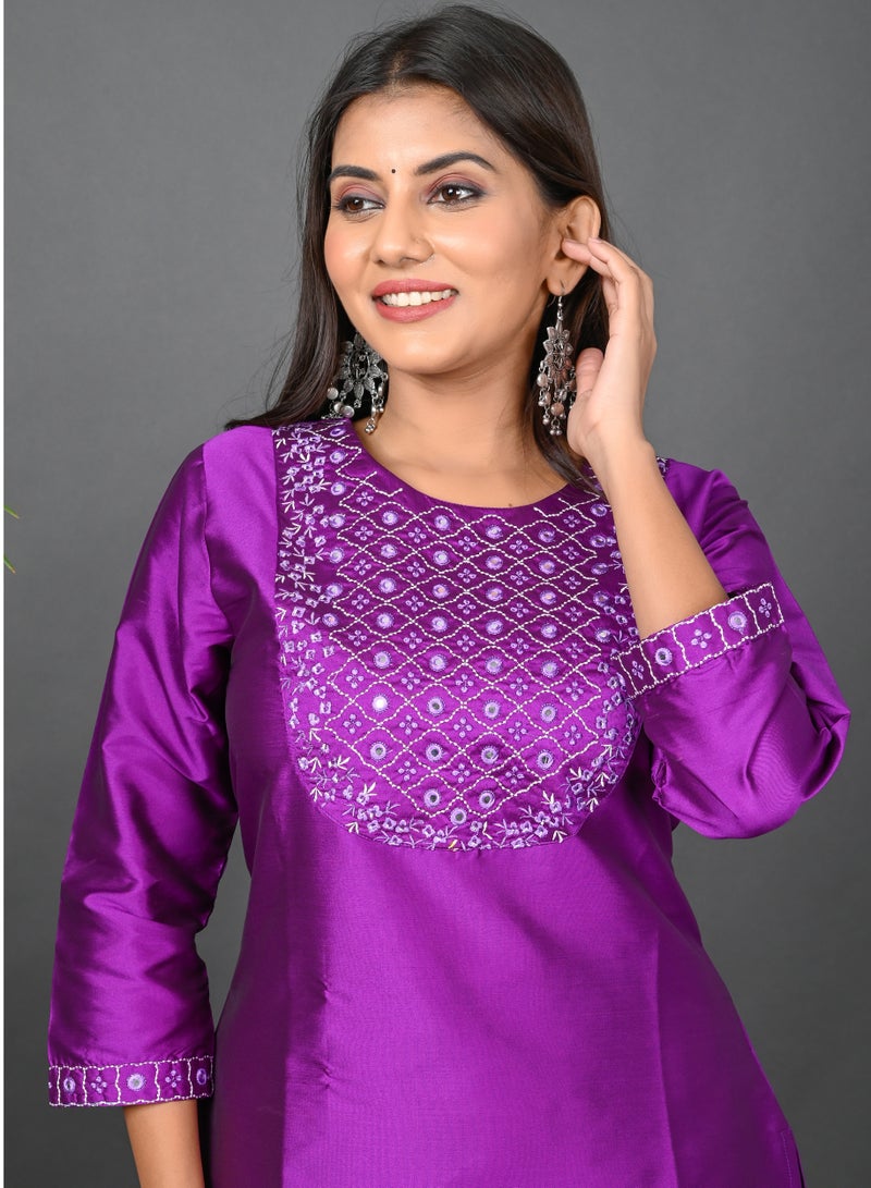 Riara Riara Embroidery Women Kurta Set With Dupatta Purple Round Neck M  - Image 3