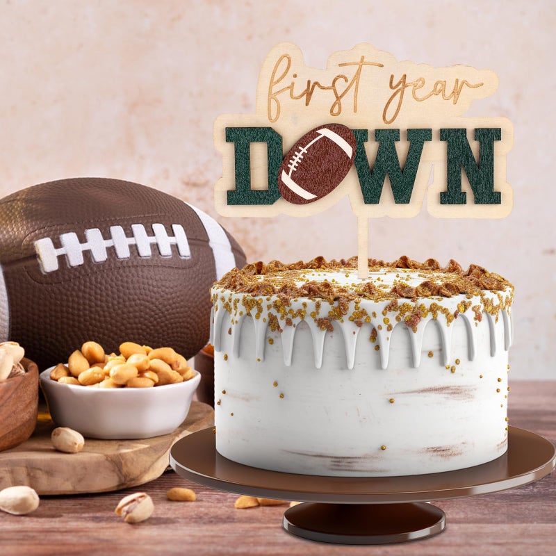 Gosknor First Year Down Wooden Cake Topper, Football 1st Birthday Cake Topper Rugby First Year Down Birthday Party Favors Sports Themed Parties Favors Wood Gifts for Baby Shower Birthday Gatherings - Image 5