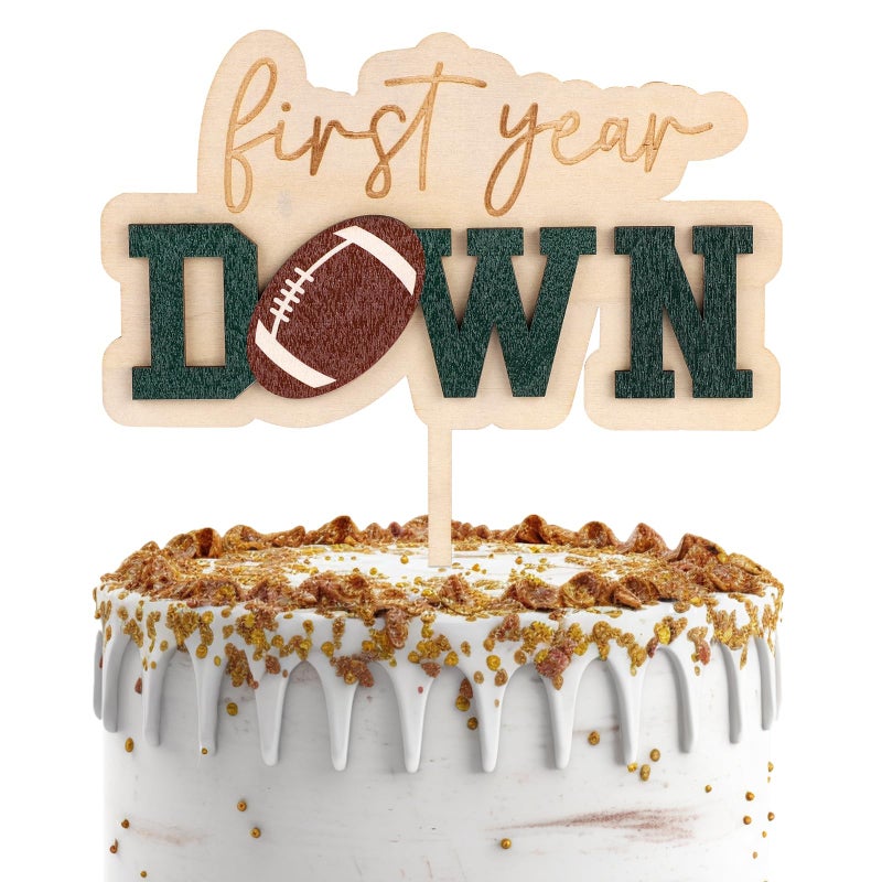 Gosknor First Year Down Wooden Cake Topper, Football 1st Birthday Cake Topper Rugby First Year Down Birthday Party Favors Sports Themed Parties Favors Wood Gifts for Baby Shower Birthday Gatherings - Image 1