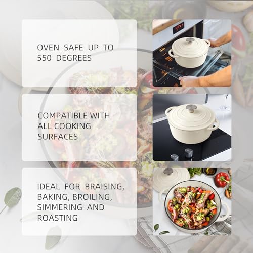 Alathote 6 Quart Dutch Oven Enameled Cast Iron with Lid - Big Dual Handles - Oven Safe up to 500°F - Classic Round Pot for Versatile Cooking Cream - Image 4