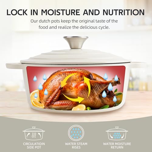 Alathote 6 Quart Dutch Oven Enameled Cast Iron with Lid - Big Dual Handles - Oven Safe up to 500°F - Classic Round Pot for Versatile Cooking Cream - Image 5