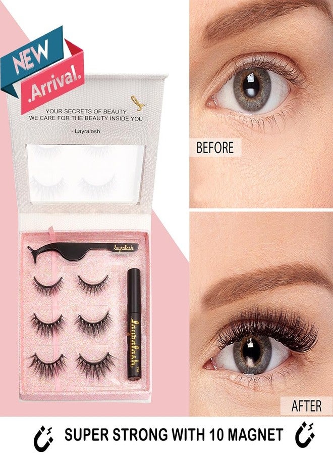 Layralash Magnetic False Eyelash and Magnetic Eyeliner Kit, Eye Makeup Waterproof Liquid Eye Liner, 3D Faux Mink Eye Lashes Natural Reusable Lashes 3 Pairs, Free Applicator - Image 2