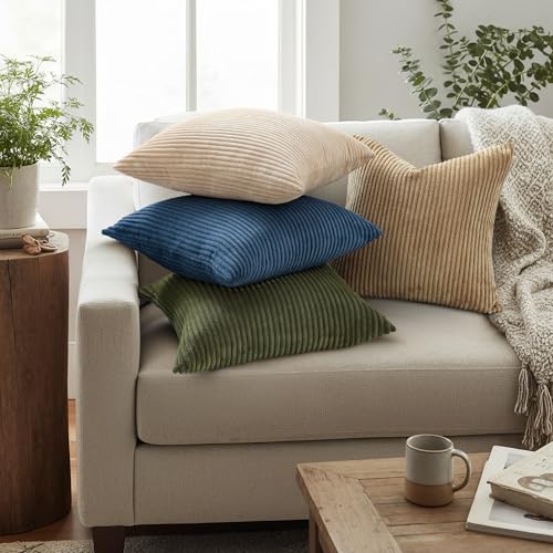 Mecatny Corduroy Summer Decorative Throw Pillow Covers 16x16 Set of 2 for Sofa Living Room Soft Neutral Boho Couch Pillow Covers for Home Decor Navy Blue - Image 3