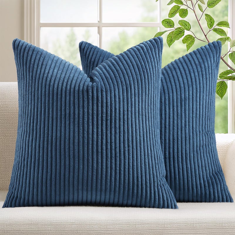 Mecatny Corduroy Summer Decorative Throw Pillow Covers 16x16 Set of 2 for Sofa Living Room Soft Neutral Boho Couch Pillow Covers for Home Decor Navy Blue - Image 2