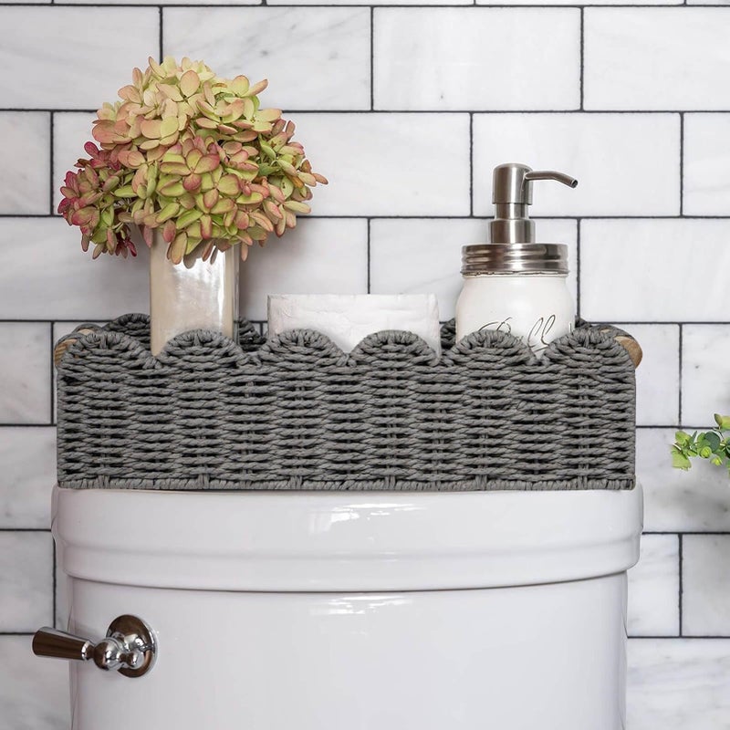 CubesLand Scalloped Edge Toilet Paper Storage Basket, Living Room Home Cozy Decor Basket, Paper Rope Small Baskets for Over Toilet Storage Shelf, End Table, Shelves, with 2 Wooden Handles, Grey - Image 4