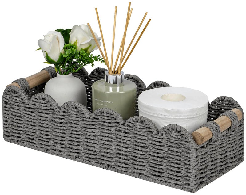 CubesLand Scalloped Edge Toilet Paper Storage Basket, Living Room Home Cozy Decor Basket, Paper Rope Small Baskets for Over Toilet Storage Shelf, End Table, Shelves, with 2 Wooden Handles, Grey - Image 1
