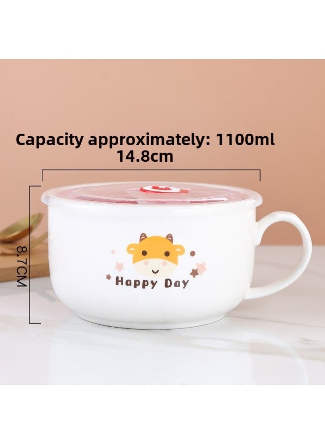 Ceramic Instant Noodle Bowl Rice Bowl Bowl With Lid And Handle Fresh-keeping Bowl Instant Noodle Bowl Bento Box Soup Bowl For Work Microwave-Specifications:Medium Family  - Image 3