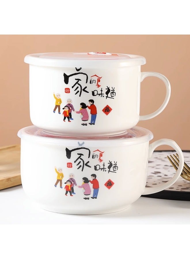 Ceramic Instant Noodle Bowl Rice Bowl Bowl With Lid And Handle Fresh-keeping Bowl Instant Noodle Bowl Bento Box Soup Bowl For Work Microwave-Specifications:Medium Family  - Image 2