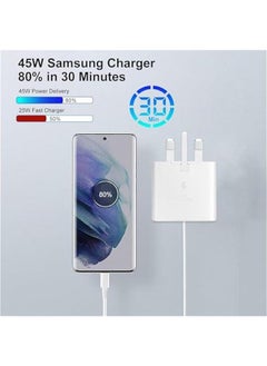 ماركة غير محددة شاحن سامسونج سريع 45 واط من النوع سي، فائق السرعة مع كيبل USB-C بطول 5 قدم، اندرويد لسامسونج جالاكسي S23 الترا/S23/S23+/S22/S22 الترا/S22+/نوت 10/20/S20 (ابيض)  - Image 4